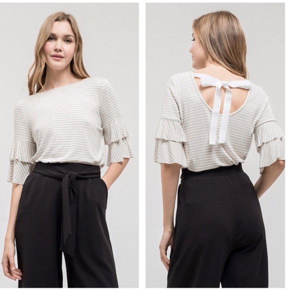 Tops - Striped Ruffle Sleeves Top